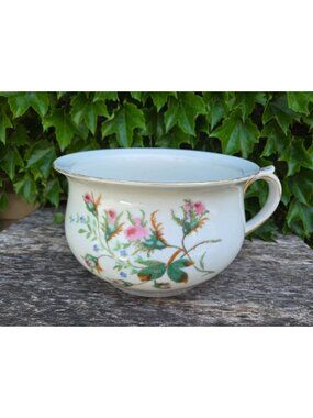 Moss Rose Porcelain Chamber Pot w/ Gold Trim - Antique Collectible As IS